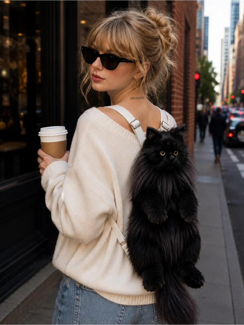 Plush Black Cat Backpack Adjustable White Strap Handcrafted Cat Backpack
